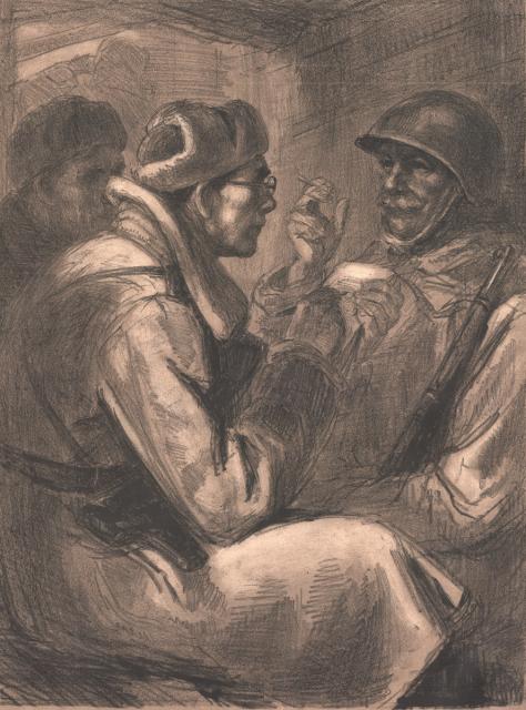 Узбяков Ю.Н. Корреспондент беседует на передовой с бойцами. 1948 Узбяков Ю.Н. Корреспондент беседует на передовой с бойцами. 1948